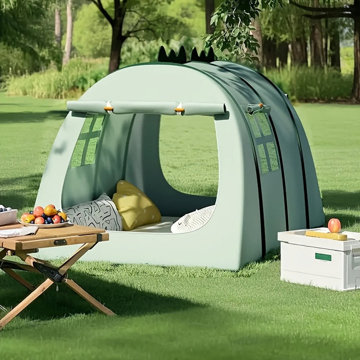 Kids playing inside a fun, foldable dinosaur pop-up tent, perfect for imaginative indoor adventures.