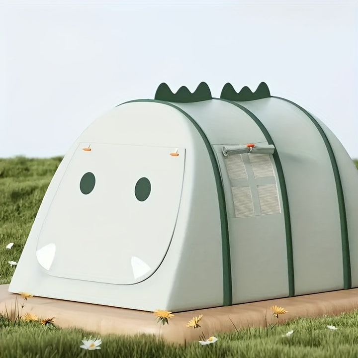 Bright green dinosaur-shaped play tent with detailed scales, creating an exciting space for kids' imaginative play.