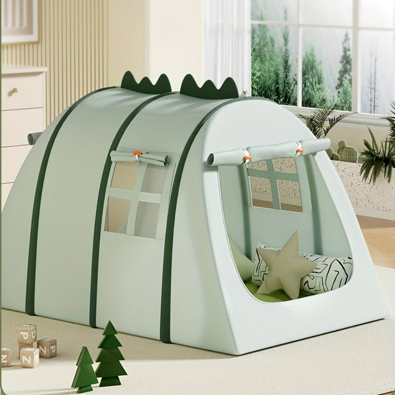 Child enjoying imaginative play in a vibrant dinosaur pop-up tent, fostering creativity indoors or outdoors.