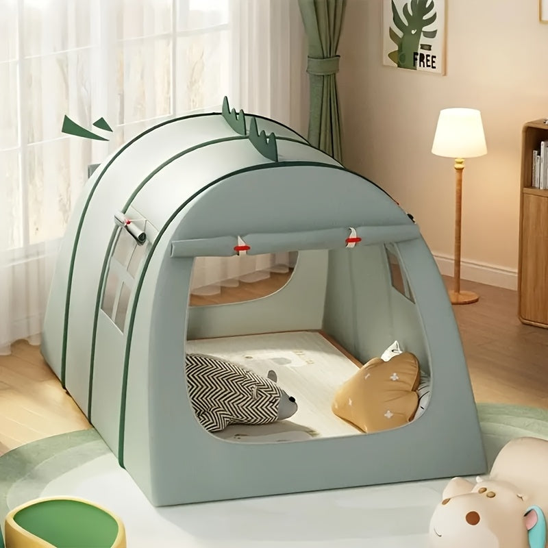 Dinosaur play tent set up in a child's room, offering a cozy, fun space for imaginative games & quiet time.