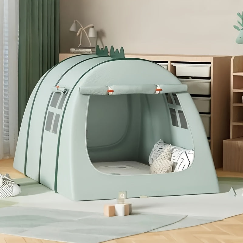 A wide shot of the children's dinosaur play tent, showcasing its playful design & spacious interior for kids.