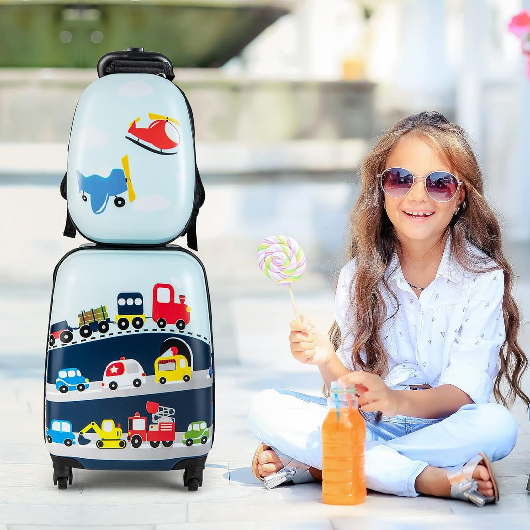 Kids' helicopter hard-shell spinner luggage with matching backpack. Ideal 2-piece travel set for boys & girls.