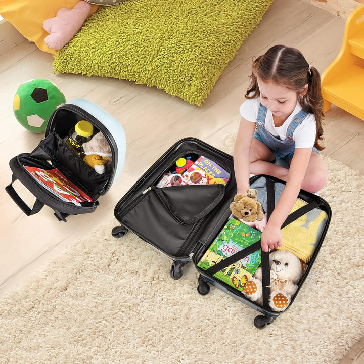 Durable children's hard-shell backpack & matching wheeled suitcase with vibrant helicopter graphic. Travel-ready.