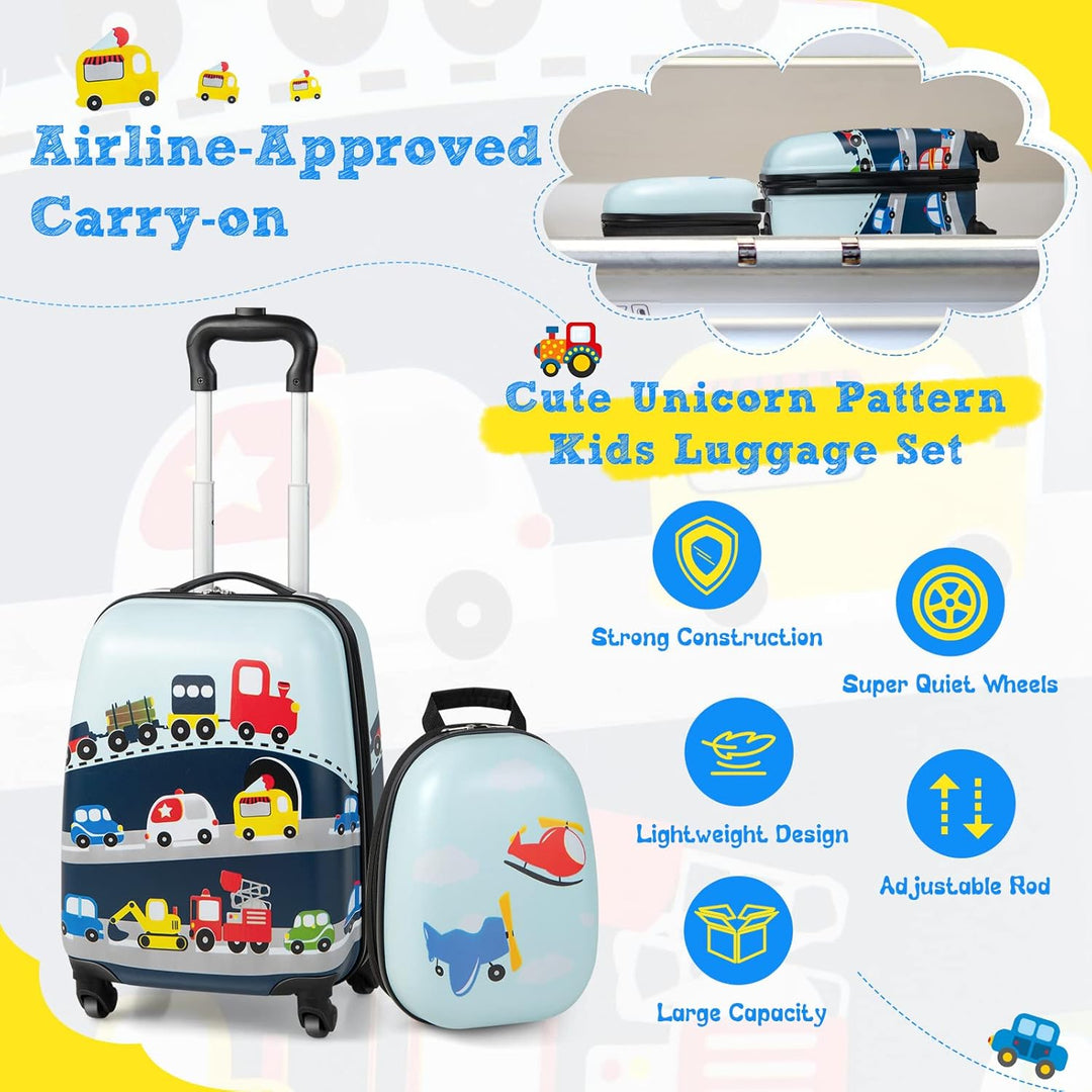 2-piece kids' travel set: helicopter hard-shell spinner suitcase with 360° wheels & coordinating backpack.