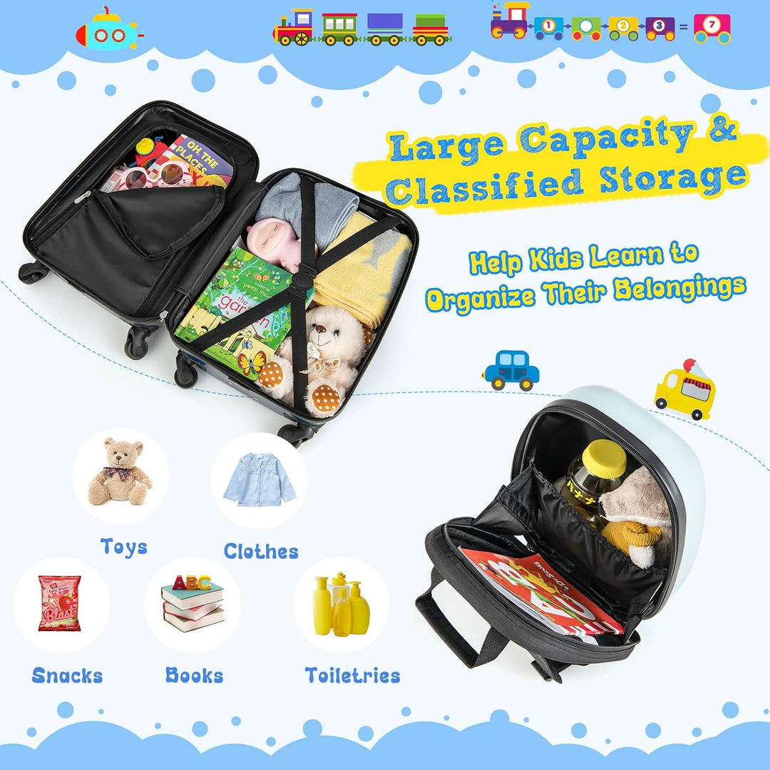 Hard-shell helicopter luggage & backpack set for kids, featuring smooth 360° spinner wheels. Easy to maneuver.
