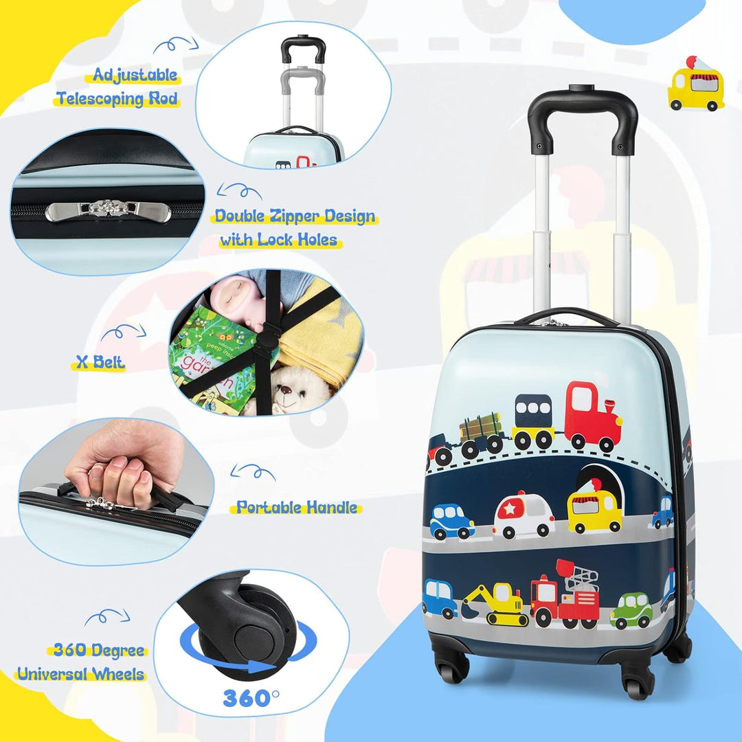 Children's 2-piece hard-shell luggage and backpack set. Fun helicopter design with durable, easy-roll wheels.