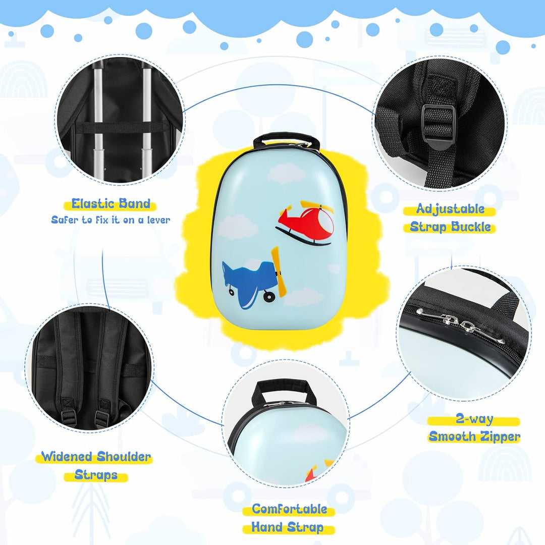 Kids' helicopter hard-shell wheeled luggage and backpack travel set. Perfect for vacations and sleepovers.