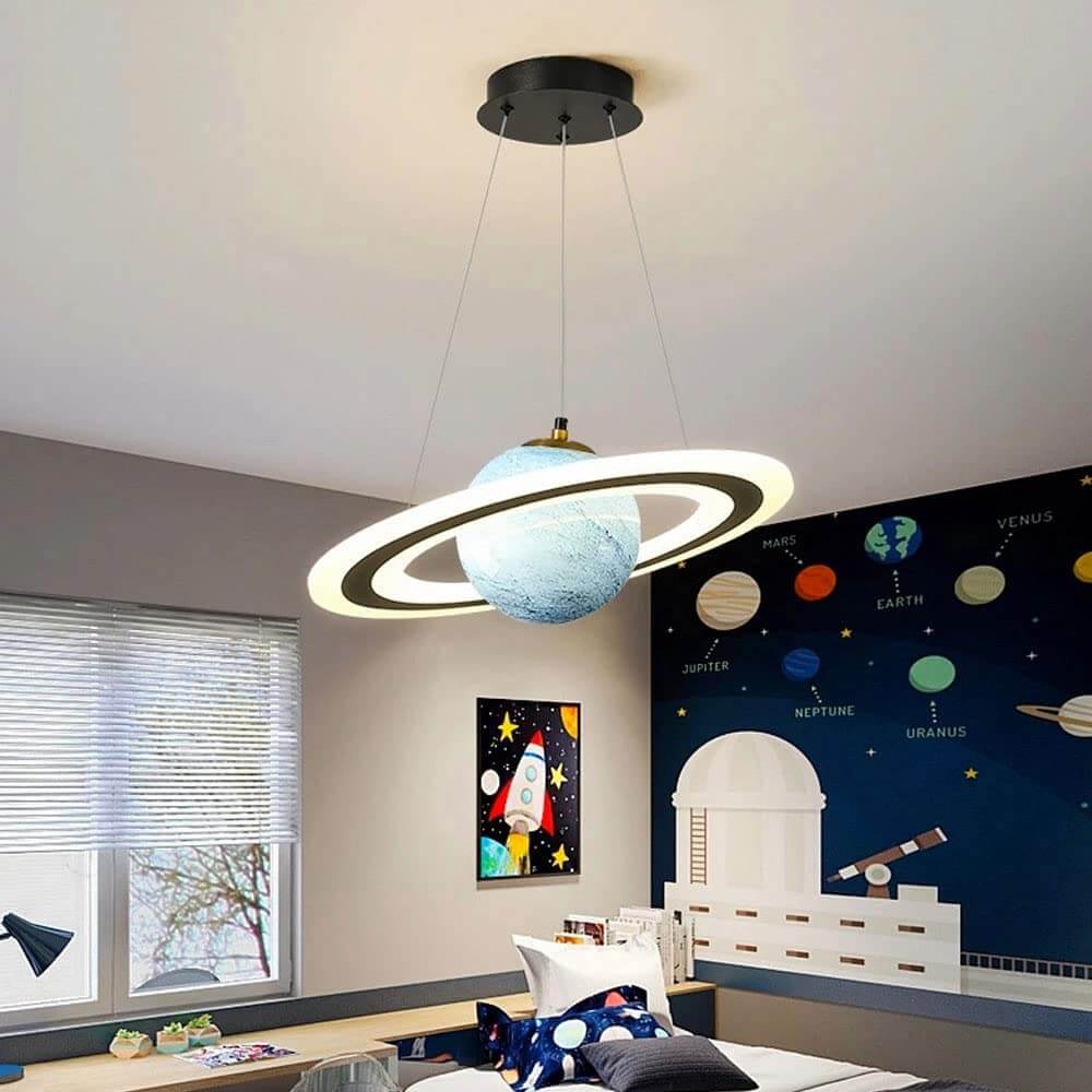 Magical children's LED planet pendant light. Durable, energy-efficient, perfect for space-themed kids room decor.