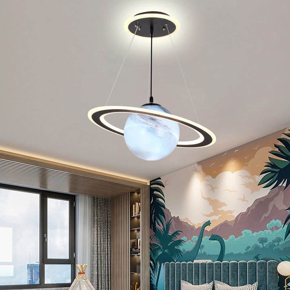 Space-themed LED planet lamp for kids room decor, a bright & imaginative children's pendant light.