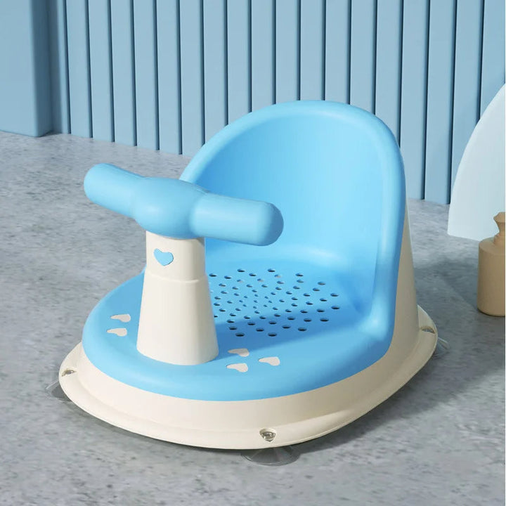 Ergonomic toddler bath seat with supportive backrest, non-slip design, and comfortable plastic for secure baby care.