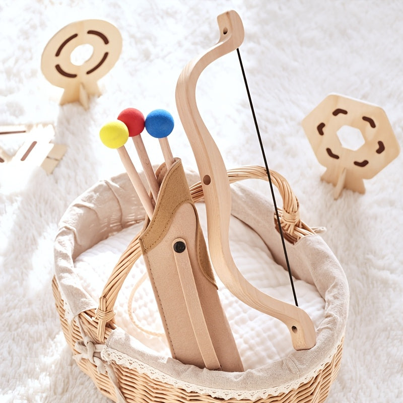 Children's wooden bow and arrow set for safe outdoor fun. Perfect junior archer toy for kids.