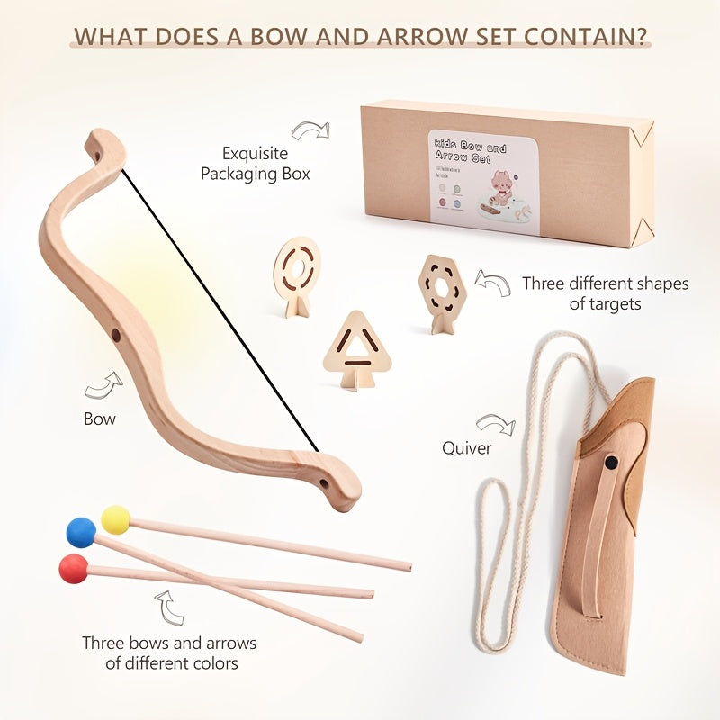 Giftable wooden bow and arrow set for kids. Safe, educational outdoor toy for junior archer development.