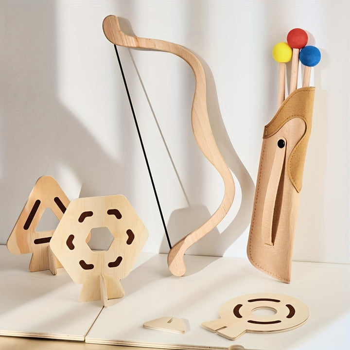 Junior archer wooden bow and arrow set. Safe kids' toy for developing outdoor aiming skills & fun.