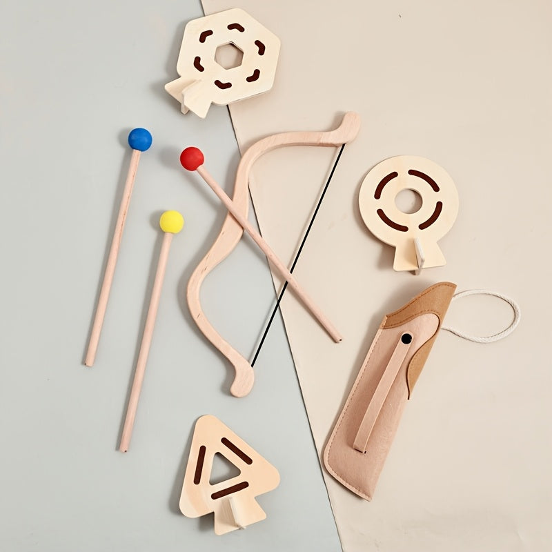 Kids' wooden bow and arrow for engaging outdoor adventures. Promotes imaginative play & safe fun.