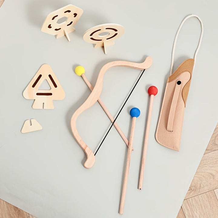 Educational wooden bow and arrow set for kids. Safe outdoor toy for junior archers' fun.