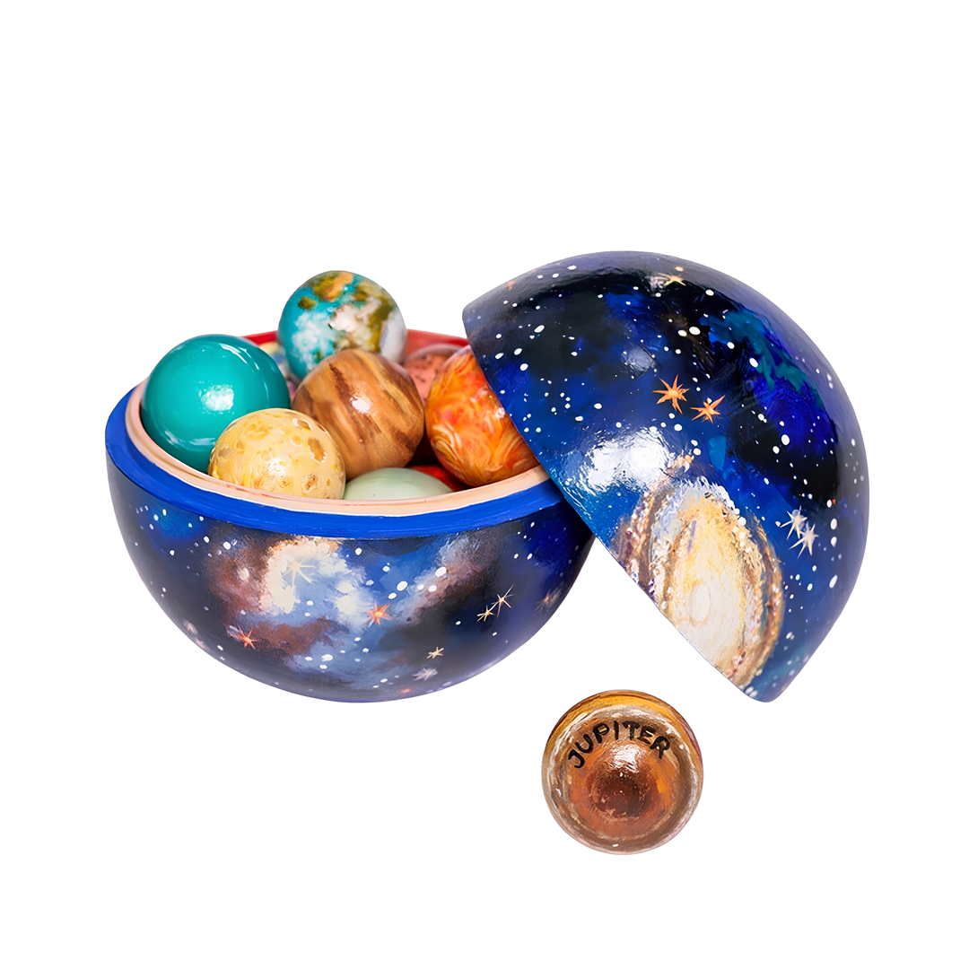 Children's wooden solar system play set, an educational toy for learning planets & space exploration. Science toy for kids.