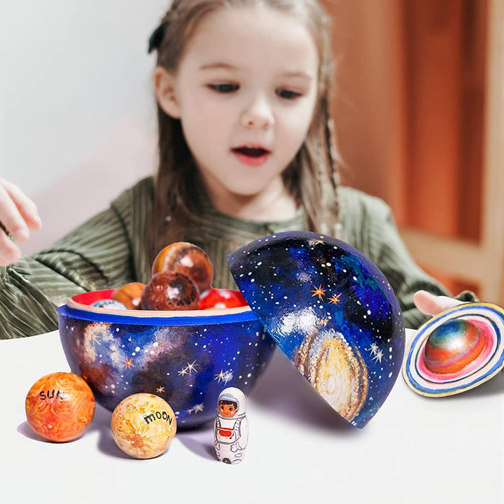 Galaxy Quest wooden planet set: an educational learning game for kids. Explore solar system planets, ideal for space fun.