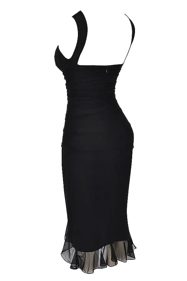 Sophisticated women's midi dress with stylish ruffles. A versatile and flattering elegant fashion piece.