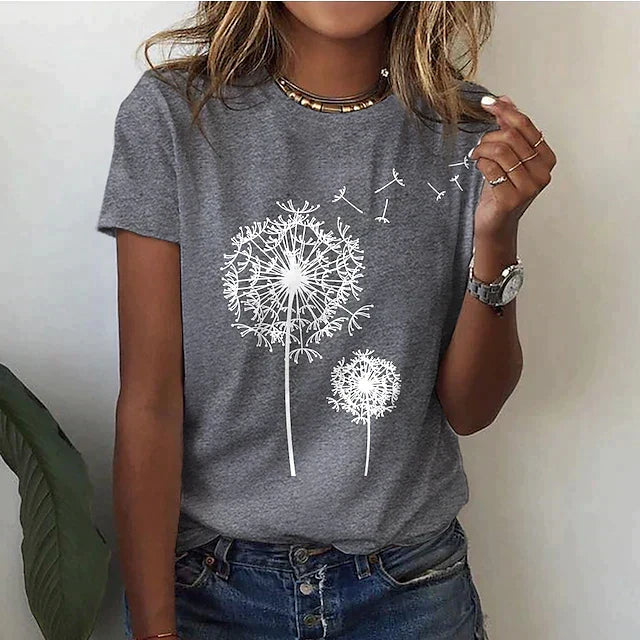Fashionable women's dandelion print blouse. Unique floral pattern, elegant casual shirt for chic spring/summer looks.