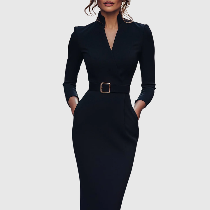 Elegant women's mock wrap midi dress with a flattering belt, perfect for office or formal events.