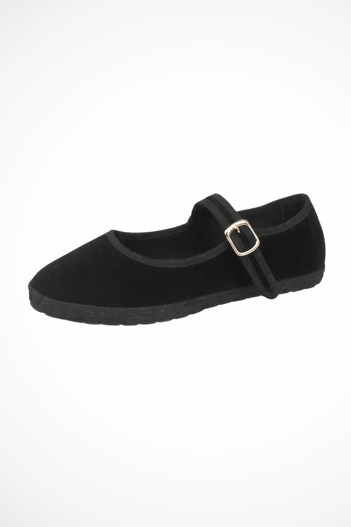 Lightweight black ladies' flats: Mary Jane style with a comfortable round toe & functional buckle strap.