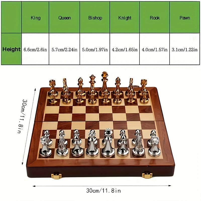 Foldable wooden travel chess set with durable metal pieces. Ideal classic strategy game for on-the-go.