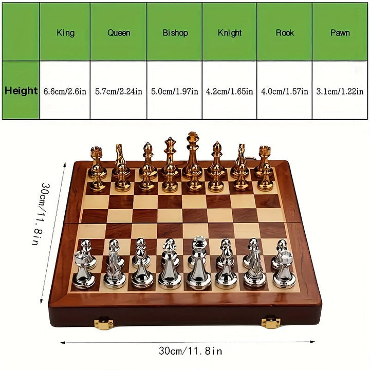 Foldable wooden travel chess set with durable metal pieces. Ideal classic strategy game for on-the-go.
