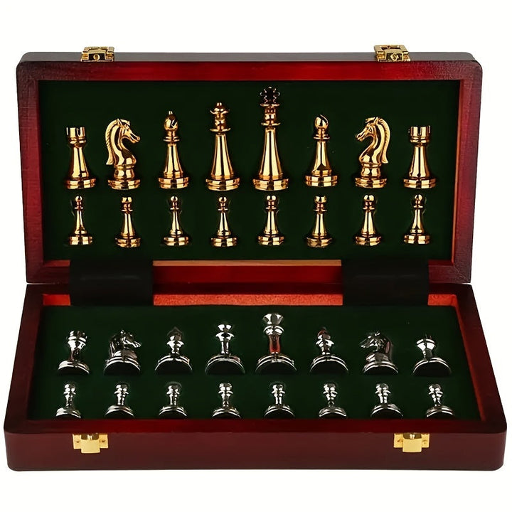 Handcrafted wooden chess set featuring weighty metal pieces. A timeless luxury strategy board game.
