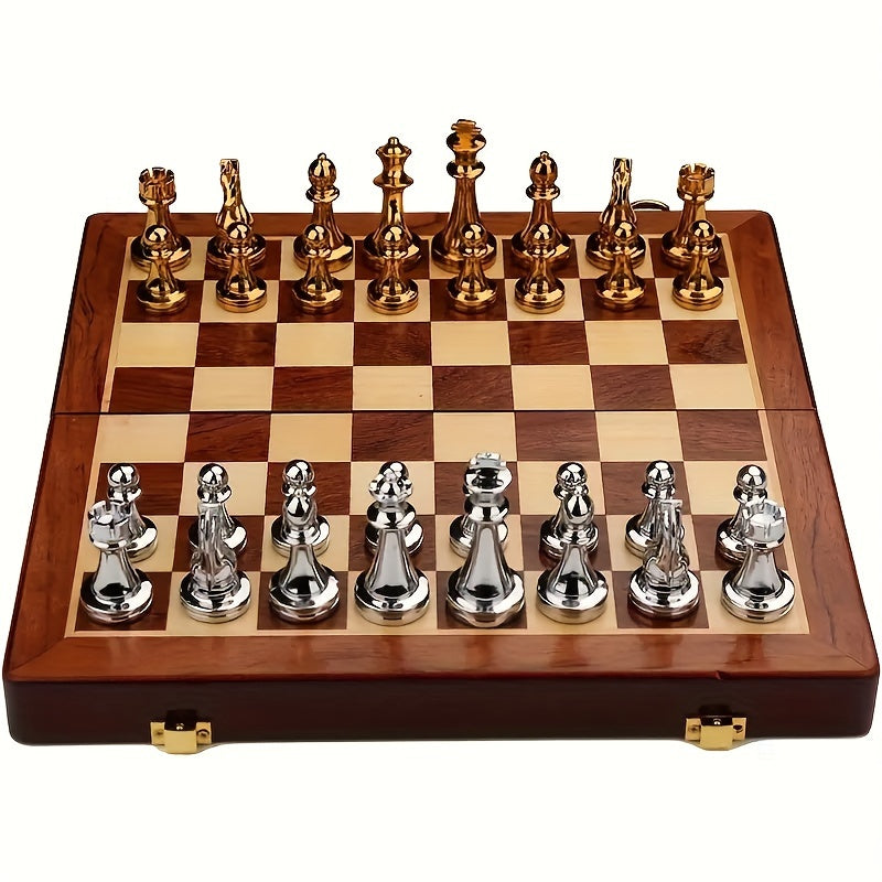 Premium foldable wooden chess set with metal pieces, an ideal gift for strategy game enthusiasts.