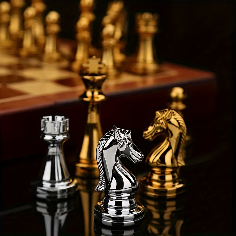 Detailed view of a classic wooden chess set with intricate metal pieces on a foldable board.