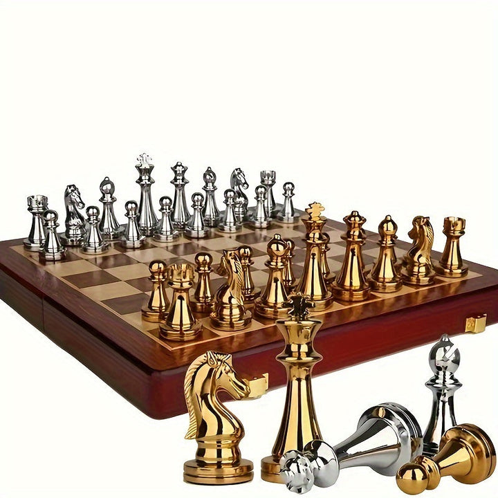 Enjoy a strategic board game with this classic foldable wooden chess set & polished metal pieces.