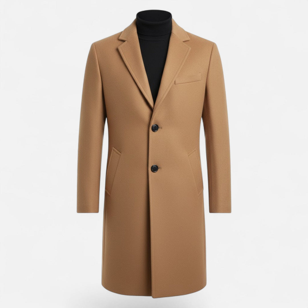 Classic men's mid-length trench coat in slim fit, ideal for business casual style.