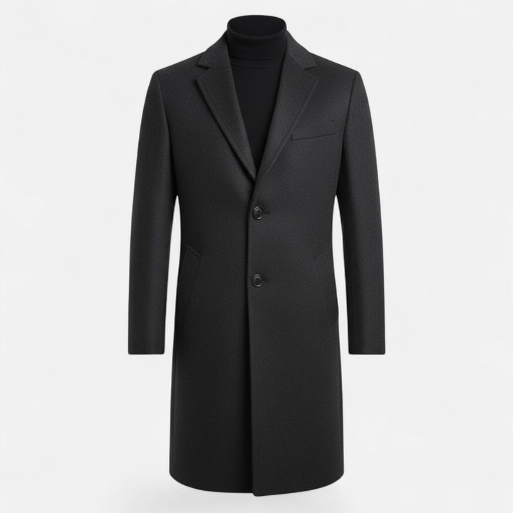 Black classic mid-length men's trench coat, slim fit, enhancing any outfit.