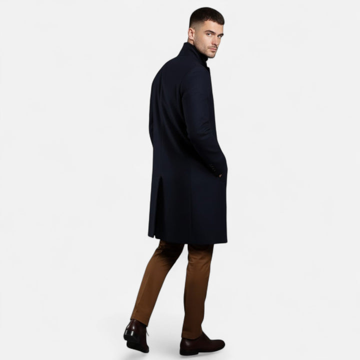 Navy classic men's trench coat, mid-length slim fit outerwear for modern elegance.