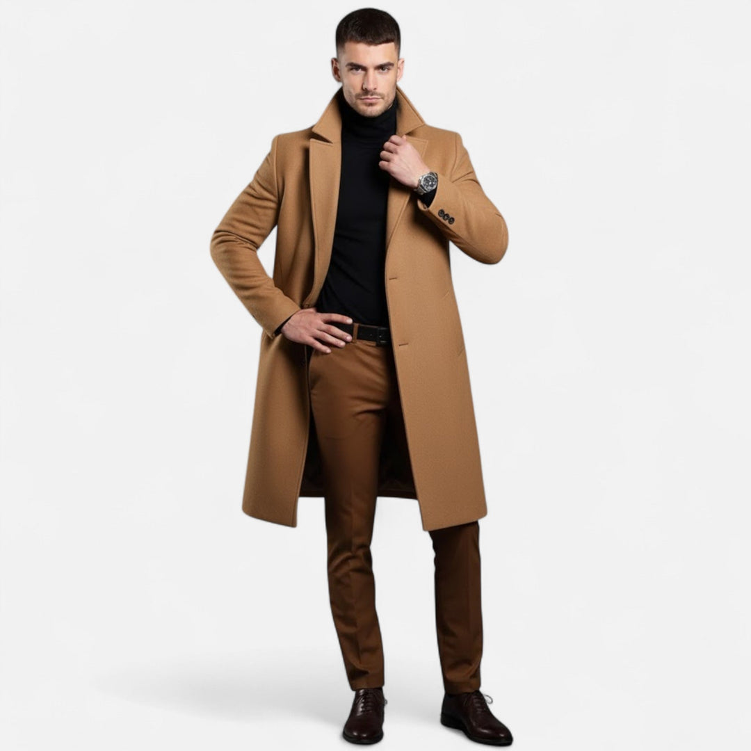 Stylish black men's trench coat, mid-length outerwear with a modern slim fit.