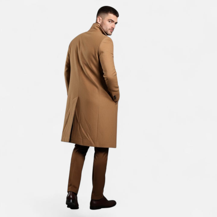 Khaki mid-length trench coat for men, classic design & slim fit. Perfect business outerwear.