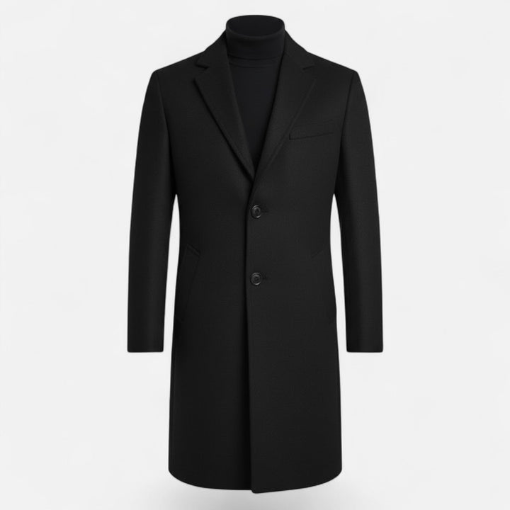 Navy men's slim fit trench coat, mid-length and classic, great for stylish layering.