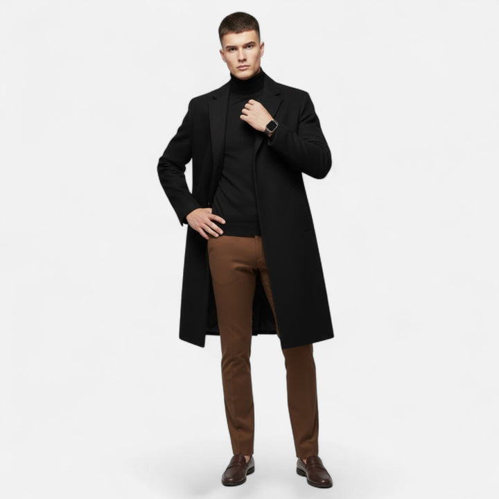 Grey men's mid-length trench coat, classic slim fit outerwear for sophisticated style.