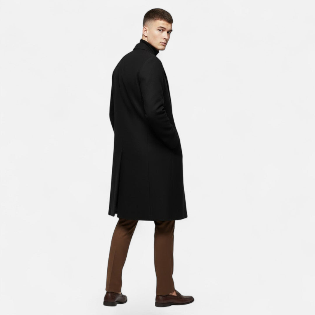 Men's classic mid-length trench coat in black, featuring a sleek slim fit design.