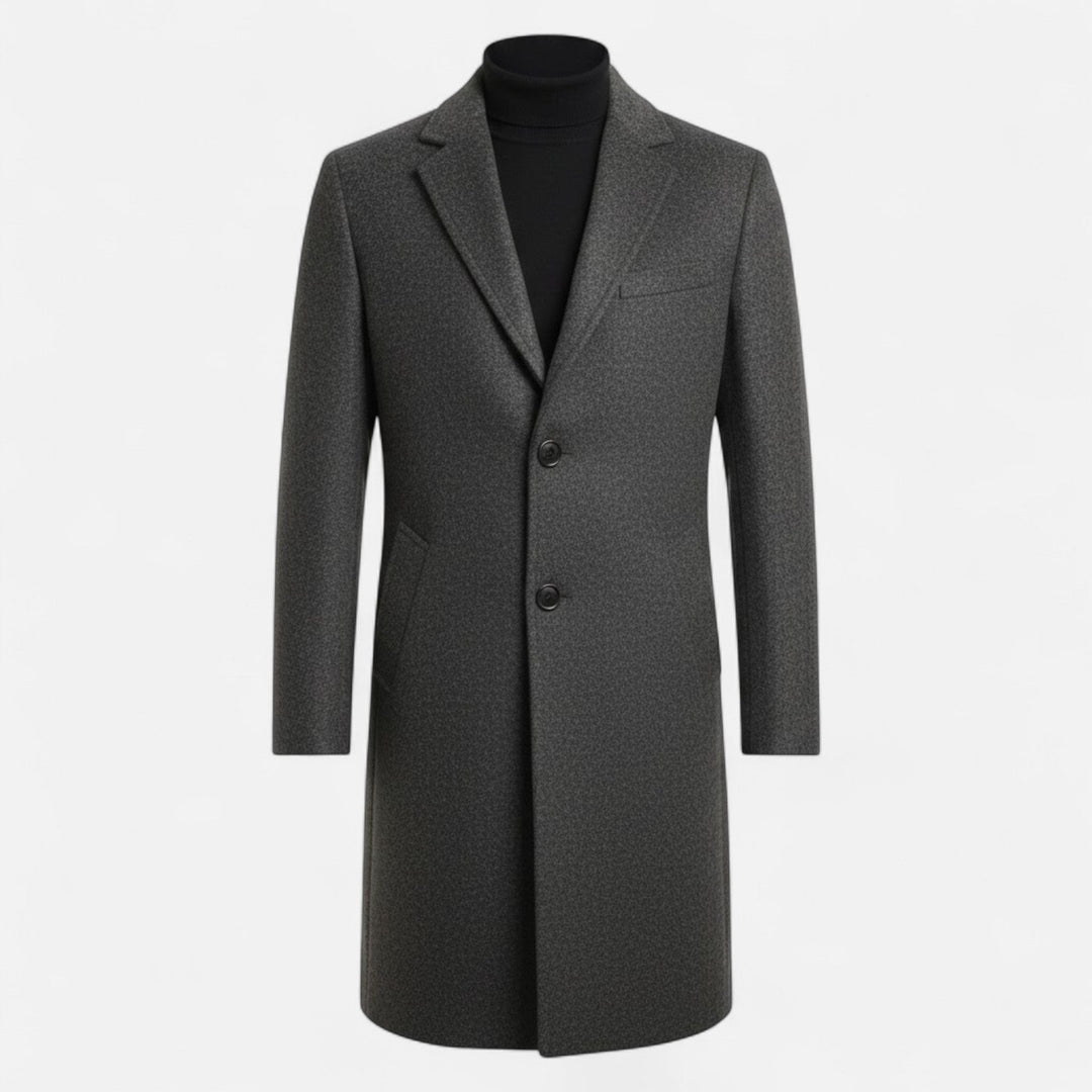 Stylish khaki men's trench coat, mid-length, slim fit, perfect for business casual looks.