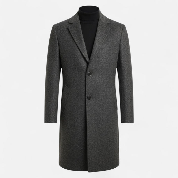 Stylish khaki men's trench coat, mid-length, slim fit, perfect for business casual looks.