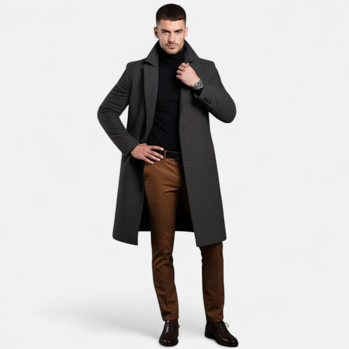 Navy men's mid-length trench coat with a classic slim fit. Elegant outerwear for men.
