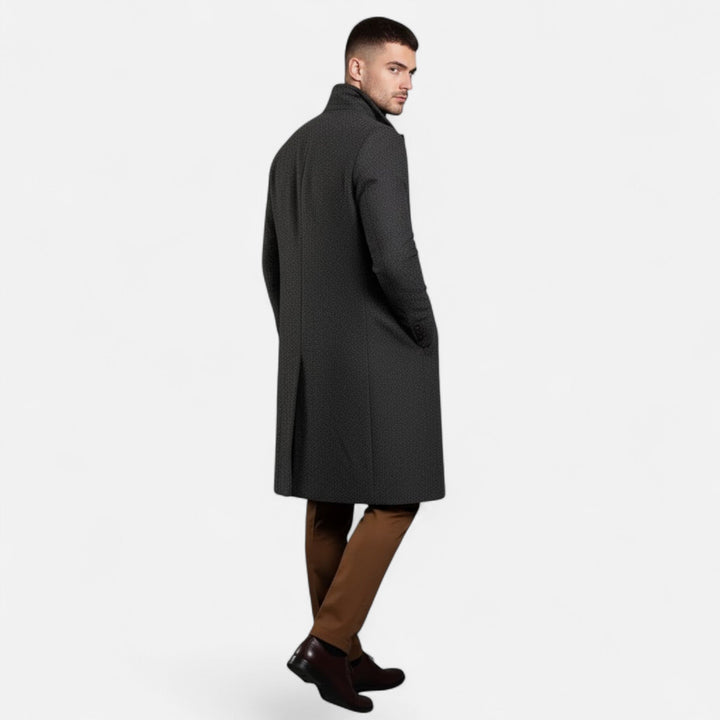 Grey slim fit men's trench coat, mid-length classic style. Versatile business casual outerwear.