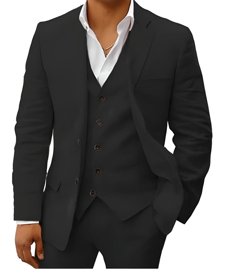 Classic men's three-piece formal suit, with vest, offering timeless style for any special occasion.