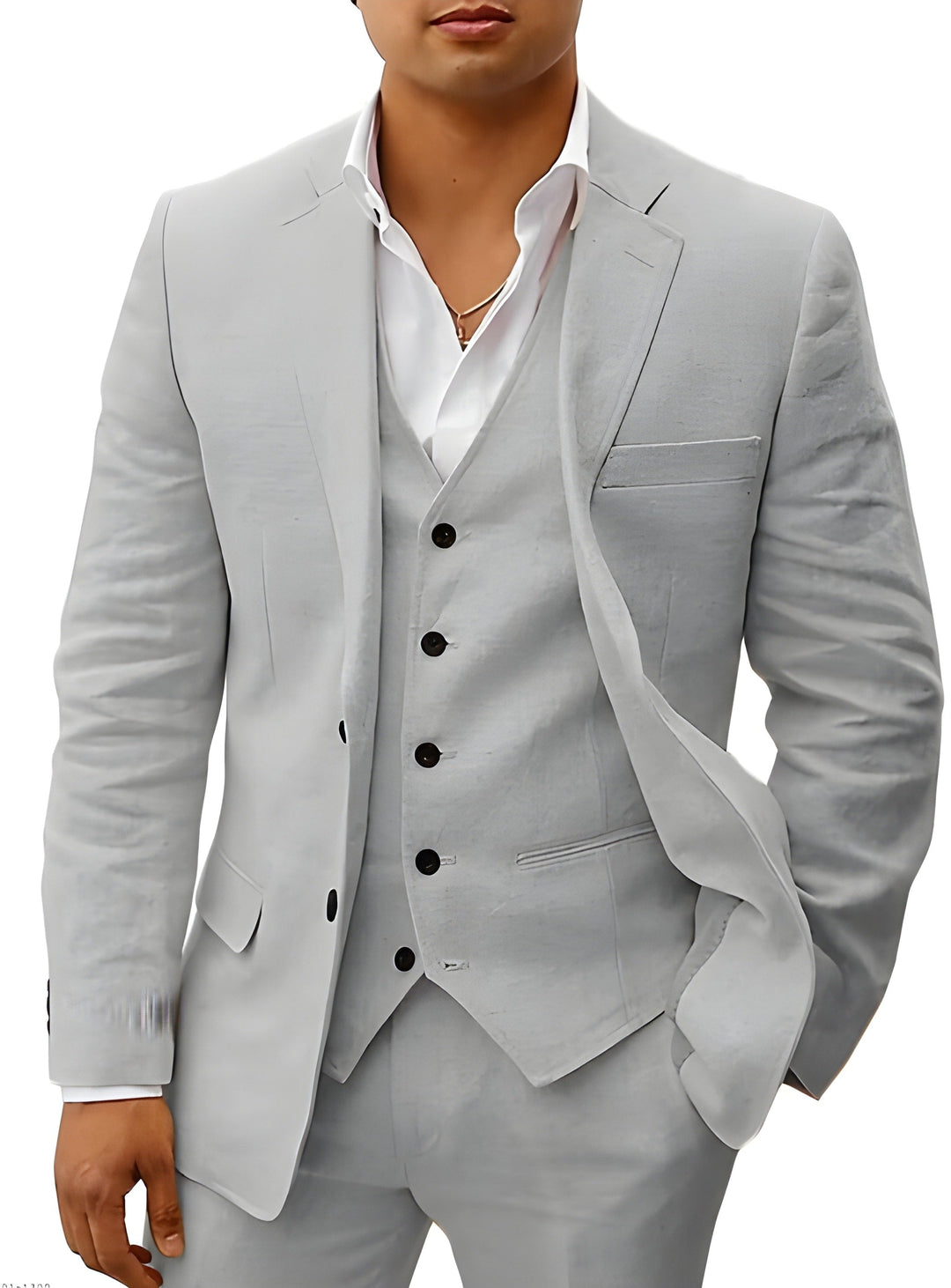 Elegant men's classic three-piece dress suit, with vest, suitable for formal and business settings.