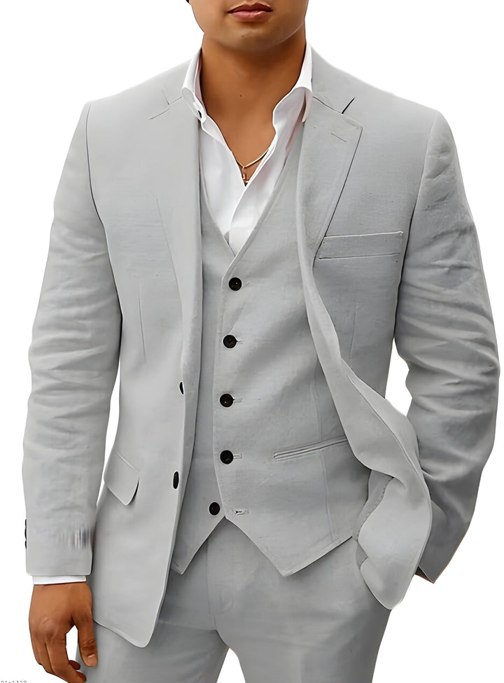 Elegant men's classic three-piece dress suit, with vest, suitable for formal and business settings.
