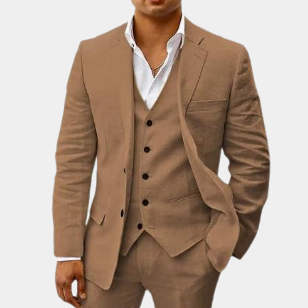 Elegant men's wedding suit: three-piece classic design, vest included, perfect for grooms.