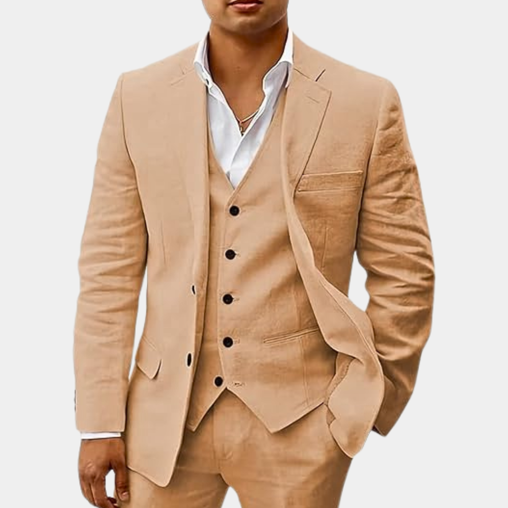 Formal men's dress suit, classic three-piece style with vest, suitable for business & events.