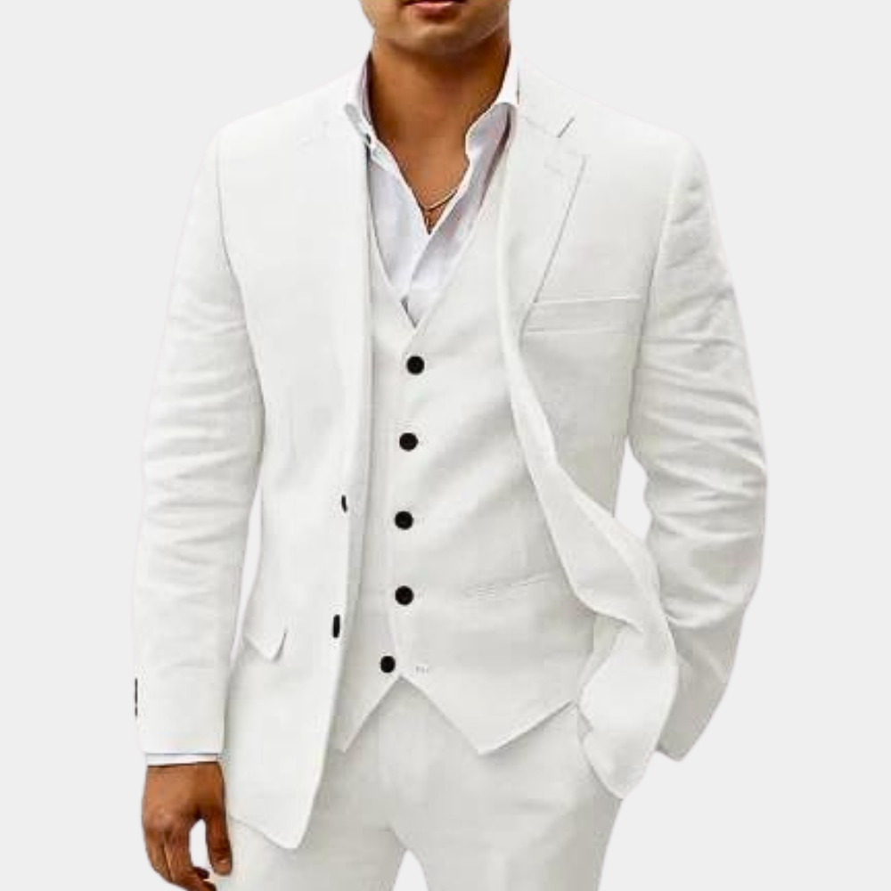 Premium men's three-piece suit, featuring a classic design & vest for ultimate formal wear.