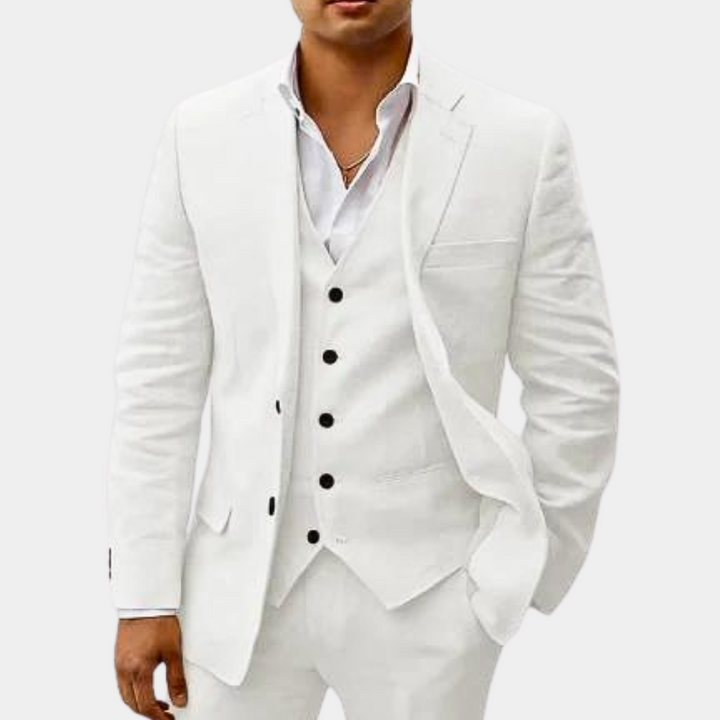 Premium men's three-piece suit, featuring a classic design & vest for ultimate formal wear.